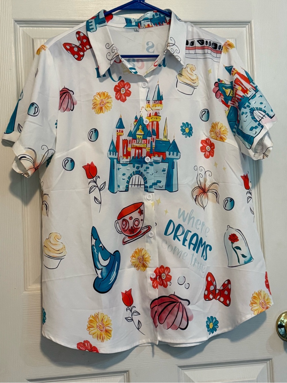 Disney Parks Castle Monorail Teacups Dole Whip Button Shirt Women’s Size Large